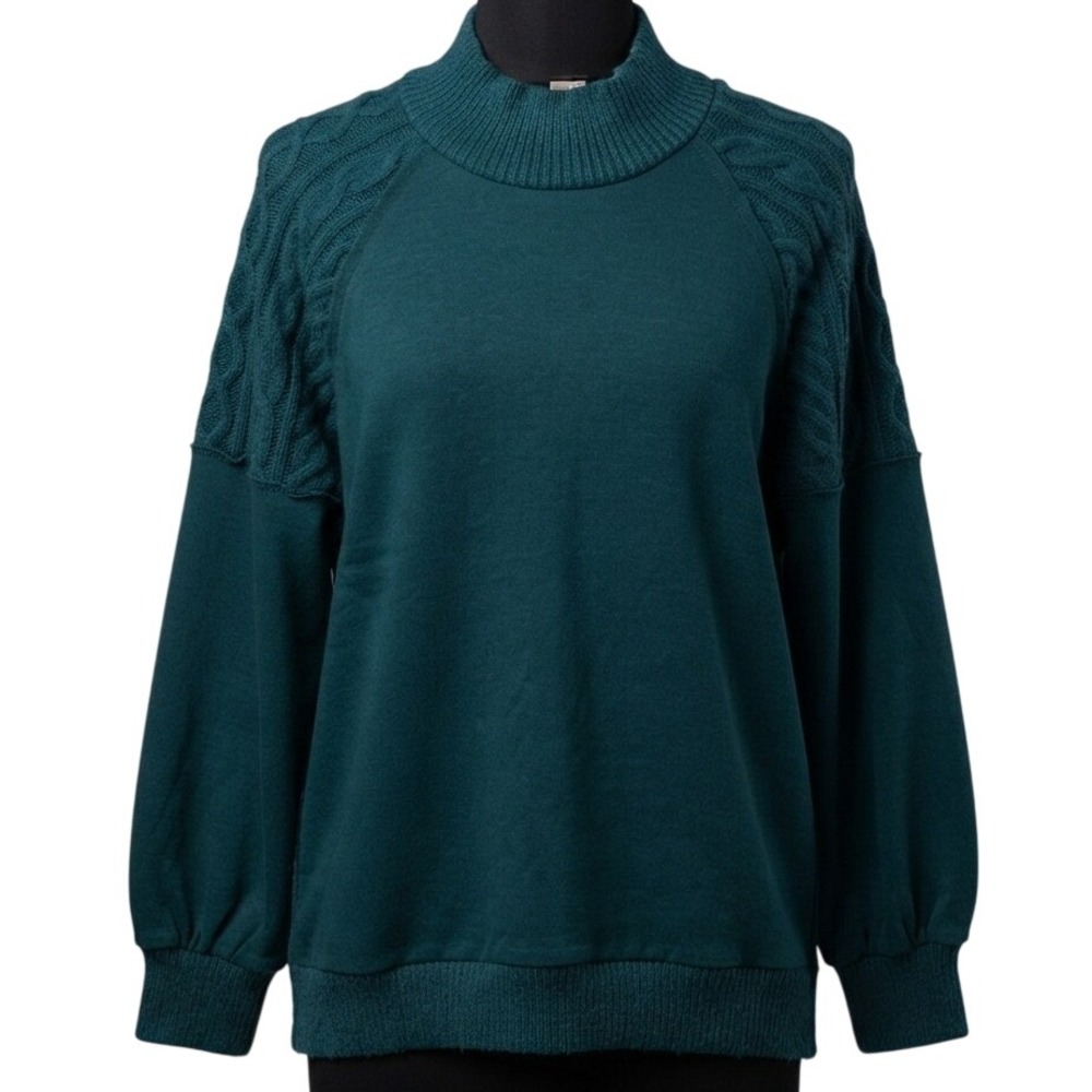 Time and Tru Womens XL Hunter Green Mixed Media Cable Knit Sleeve Sweatshirt